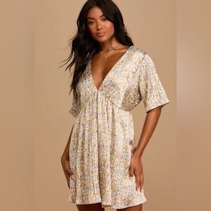 Lulus Express Yourself Yellow Floral Print Satin Babydoll Dress